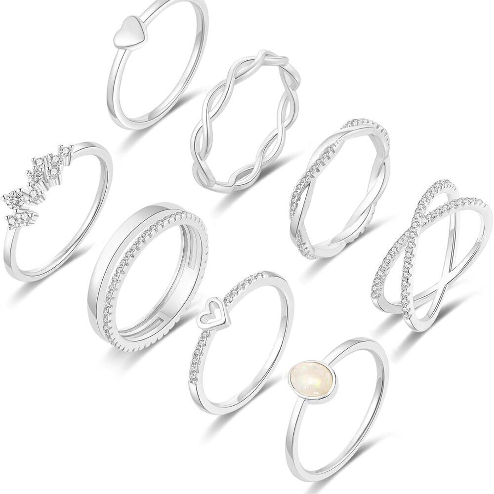 8PCS 14K Gold/Silver Plated Ring Set for Women Dainty CZ Simulated Diamond Ring